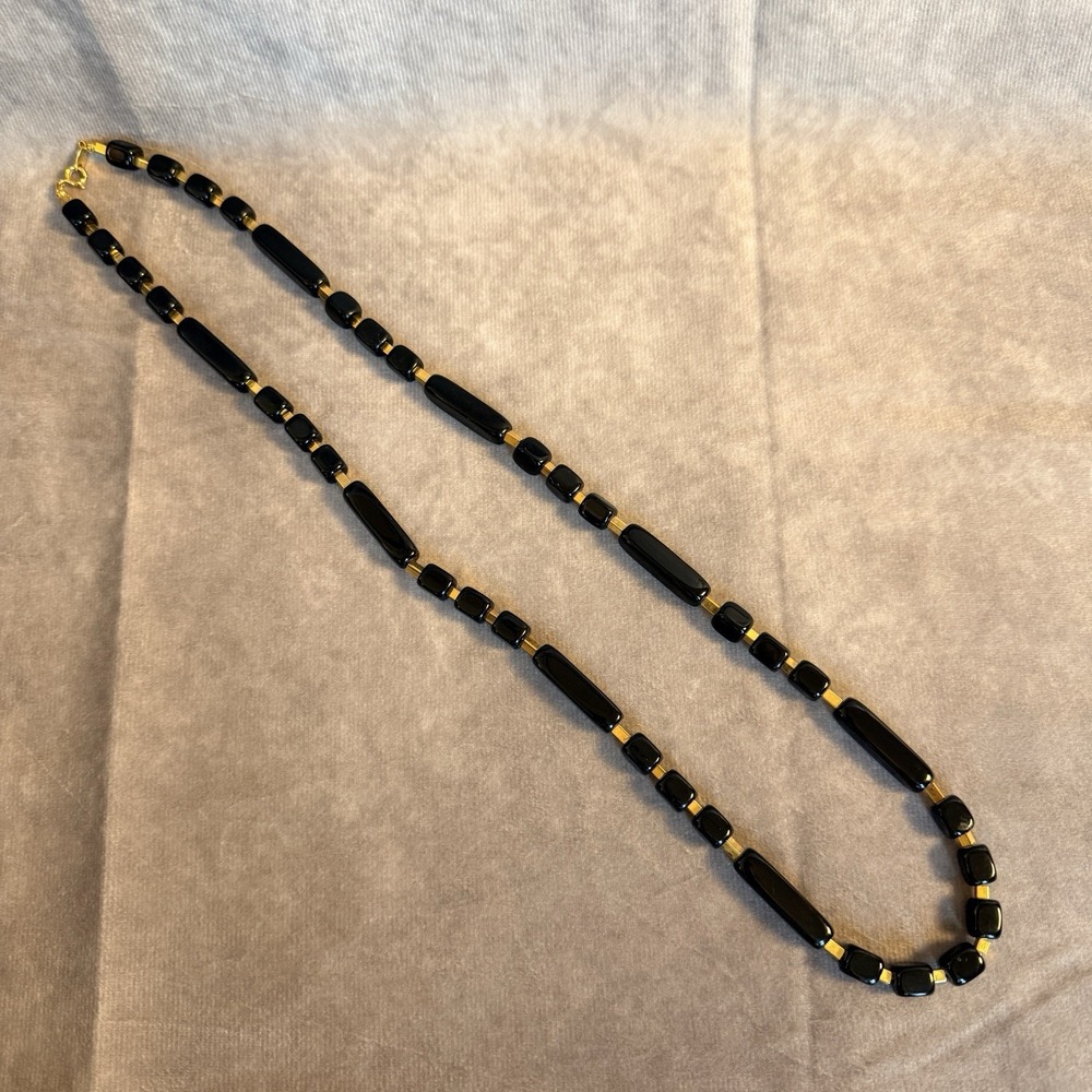 Trifari Black Enamel Long Necklace Vintage 90's Gold Tone Signed